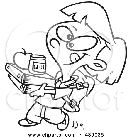 Royalty-Free (RF) Clip Art Illustration of a Cartoon Black And White Outline Design Of A Keen Girl Carrying Binders by toonaday