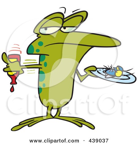 Royalty-Free (RF) Clip Art Illustration of a Cartoon Frog Putting Ketchup On A Fly by toonaday