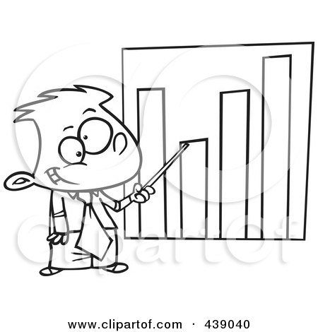 Royalty-Free (RF) Clip Art Illustration of a Cartoon Black And White Outline Design Of A Businessboy Pointing To A Bar Graph by toonaday