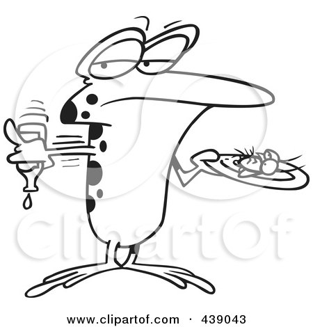 Royalty-Free (RF) Clip Art Illustration of a Cartoon Black And White Outline Design Of A Frog Putting Ketchup On A Fly by toonaday
