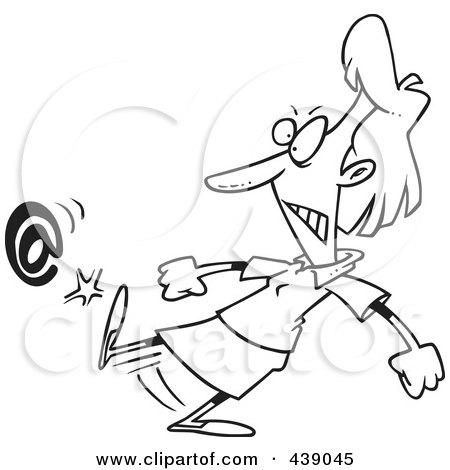 Royalty-Free (RF) Clip Art Illustration of a Cartoon Black And White Outline Design Of A Woman Kicking An At Symbol by toonaday