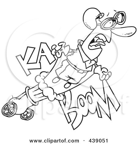 Royalty-Free (RF) Clip Art Illustration of a Cartoon Black And White Outline Design Of A Stunt Man Shooting Out Of A Canon by toonaday
