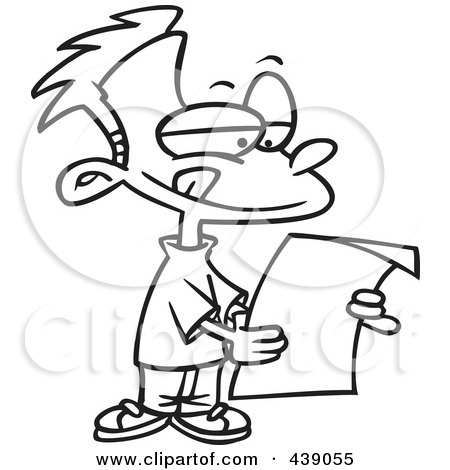 Royalty-Free (RF) Clip Art Illustration of a Cartoon Black And White Outline Design Of A Boy Reading A Letter by toonaday