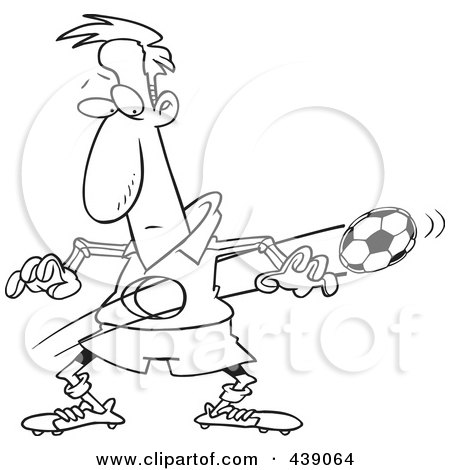 Royalty-Free (RF) Clip Art Illustration of a Cartoon Black And White Outline Design Of A Ball Flying Through A Soccer Player's Body by toonaday