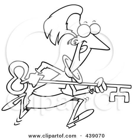 Royalty-Free (RF) Clip Art Illustration of a Cartoon Black And White Outline Design Of A Businesswoman Running With An Opportunity Key by toonaday