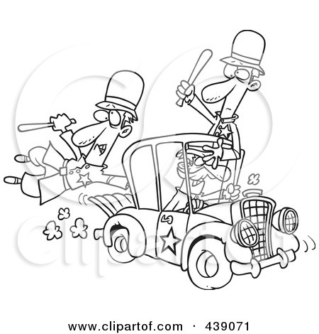 Royalty-Free (RF) Clip Art Illustration of a Cartoon Black And White Outline Design Of A Thief Stealing A Police Car by toonaday