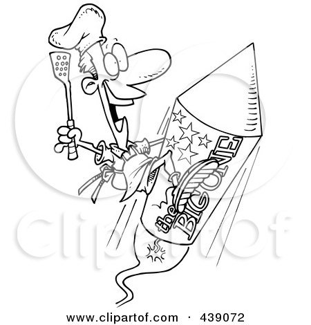 Royalty-Free (RF) Clip Art Illustration of a Cartoon Black And White Outline Design Of A Cook On A Fourth Of July Rocket by toonaday