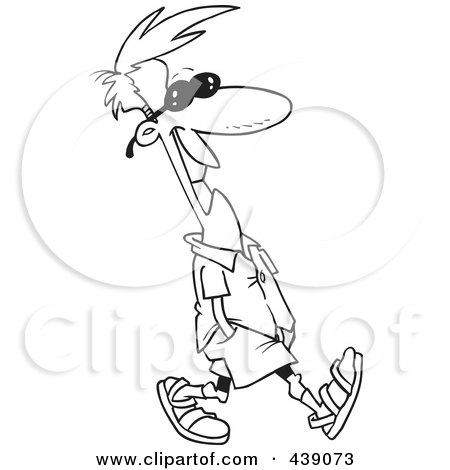 Royalty-Free (RF) Clip Art Illustration of a Cartoon Black And White Outline Design Of A Happy Summer Man Walking by toonaday