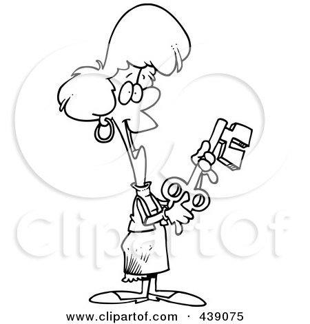 Royalty-Free (RF) Clip Art Illustration of a Cartoon Black And White Outline Design Of A Woman Holding An Opportunity Key by toonaday