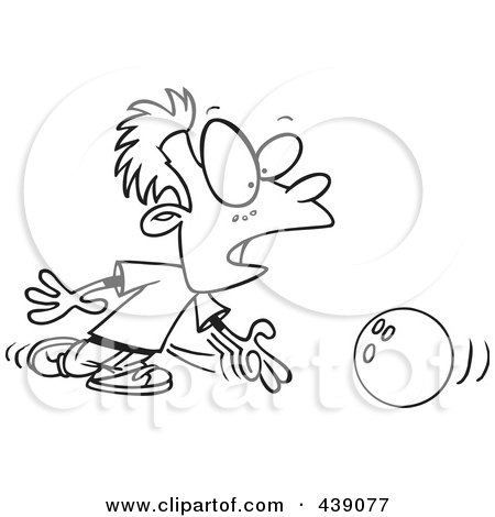 Royalty-Free (RF) Clip Art Illustration of a Cartoon Black And White Outline Design Of A Boy Bowling by toonaday