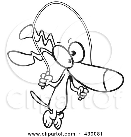 Royalty-Free (RF) Clip Art Illustration of a Cartoon Black And White Outline Design Of A Dog Jumping Rope by toonaday