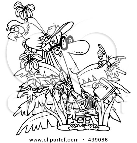 Royalty-Free (RF) Clip Art Illustration of a Cartoon Black And White Outline Design Of A Jungle Tourist by toonaday