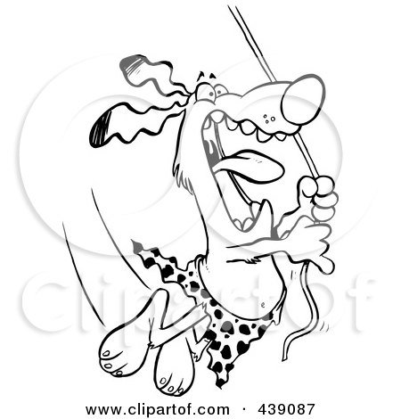 Royalty-Free (RF) Clip Art Illustration of a Cartoon Black And White Outline Design Of A Jungle Dog Swinging On A Vine by toonaday