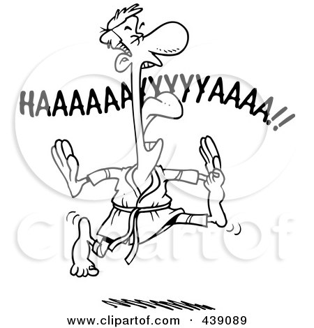 Royalty-Free (RF) Clip Art Illustration of a Cartoon Black And White Outline Design Of A Karate Man Screaming And Jumping by toonaday