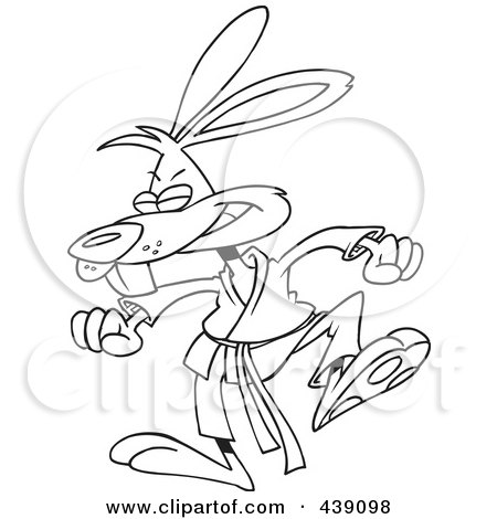 Royalty-Free (RF) Clip Art Illustration of a Cartoon Black And White Outline Design Of A Karate Rabbit Stomping by toonaday