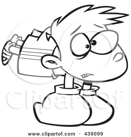 Royalty-Free (RF) Clip Art Illustration of a Cartoon Black And White Outline Design Of A Boy Wearing Heavy Boxing Gloves by toonaday