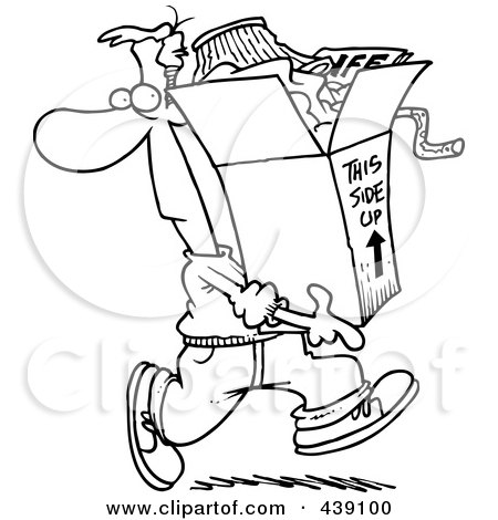 Royalty-Free (RF) Clip Art Illustration of a Cartoon Black And White Outline Design Of A Man Carrying A Box Of Junk by toonaday