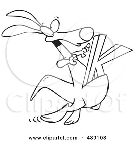 Royalty-Free (RF) Clip Art Illustration of a Cartoon Black And White Outline Design Of A Kangaroo With A K In Its Pouch by toonaday