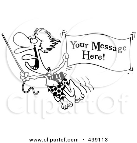 Royalty-Free (RF) Clip Art Illustration of a Cartoon Black And White Outline Design Of A Jungle Lord Holding Out A Sign With Sample Text by toonaday