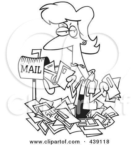 Royalty-Free (RF) Clip Art Illustration of a Cartoon Black And White Outline Design Of A Woman Overwhelmed With Junk Mail by toonaday