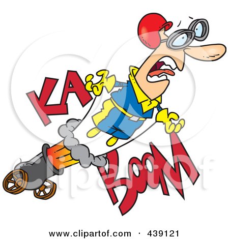 Royalty-Free (RF) Clip Art Illustration of a Cartoon Stunt Man Shooting Out Of A Canon by toonaday