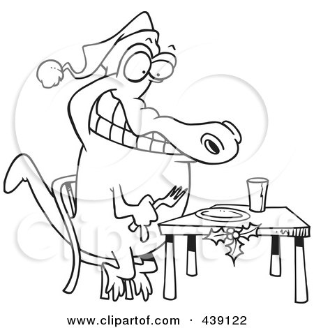 Royalty-Free (RF) Clip Art Illustration of a Cartoon Black And White Outline Design Of A Christmas Gator Anticipating Dinner by toonaday