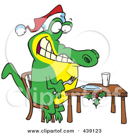 Royalty-Free (RF) Clip Art Illustration of a Cartoon Christmas Gator Anticipating Dinner by toonaday