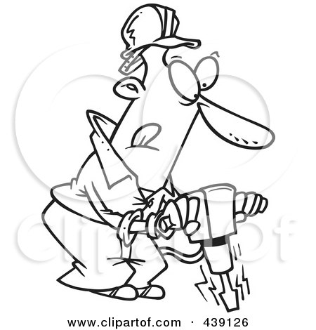 Royalty-Free (RF) Clip Art Illustration of a Cartoon Black And White Outline Design Of A Man Operating A Jackhammer by toonaday