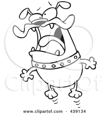 Royalty-Free (RF) Clip Art Illustration of a Cartoon Black And White Outline Design Of A Jittery Bulldog Jumping by toonaday