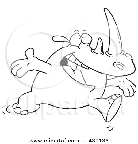 Royalty-Free (RF) Clip Art Illustration of a Cartoon Black And White Outline Design Of A Joyful Rhino Running by toonaday