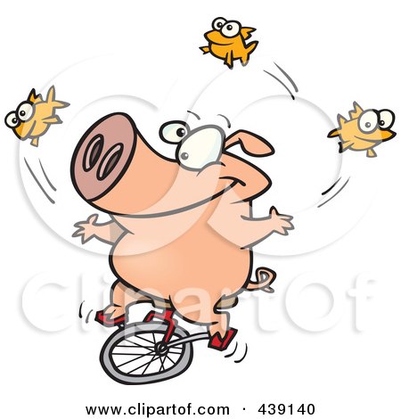 Royalty-Free (RF) Clip Art Illustration of a Cartoon Unicycling Pig Juggling Fish by toonaday