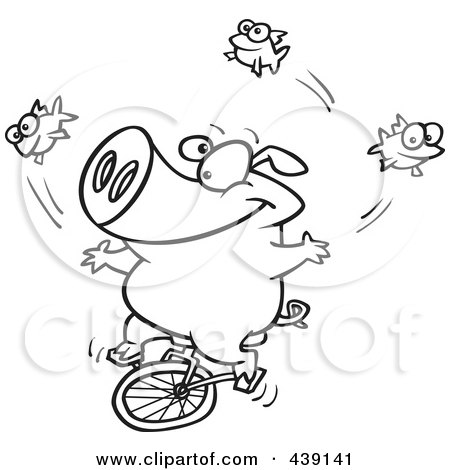 Royalty-Free (RF) Clip Art Illustration of a Cartoon Black And White Outline Design Of A Unicycling Pig Juggling Fish by toonaday