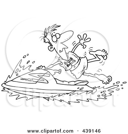 Royalty-Free (RF) Clip Art Illustration of a Cartoon Black And White Outline Design Of A Man Hanging Onto A Jetski by toonaday