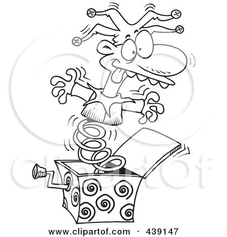Royalty-Free (RF) Clip Art Illustration of a Cartoon Black And White Outline Design Of A Jack In The Box Opening Up by toonaday