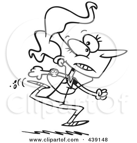 Royalty-Free (RF) Clip Art Illustration of a Cartoon Black And White Outline Design Of A Jogging Woman by toonaday
