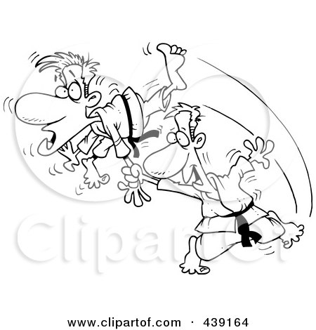 Royalty-Free (RF) Clip Art Illustration of a Cartoon Black And White Outline Design Of A Judo Man Fighting by toonaday