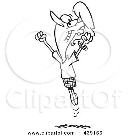 Royalty-Free (RF) Clip Art Illustration of a Cartoon Black And White Outline Design Of A Joyful Businesswoman Jumping by toonaday