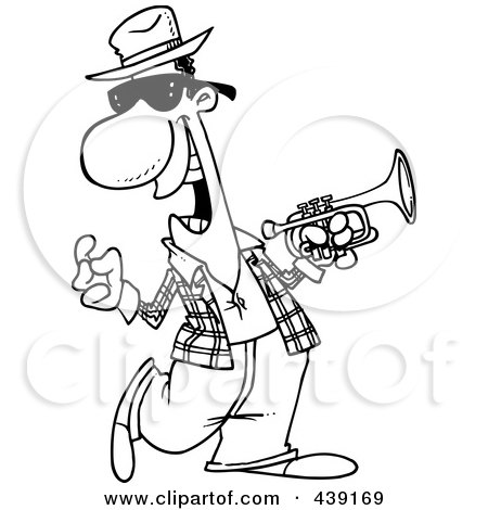 Royalty-Free (RF) Clip Art Illustration of a Cartoon Black And White Outline Design Of A Happy Jazz Musician by toonaday