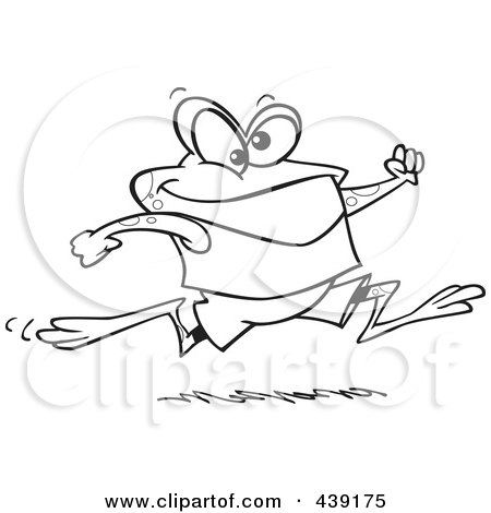 Royalty-Free (RF) Clip Art Illustration of a Cartoon Black And White Outline Design Of A Jogging Frog by toonaday