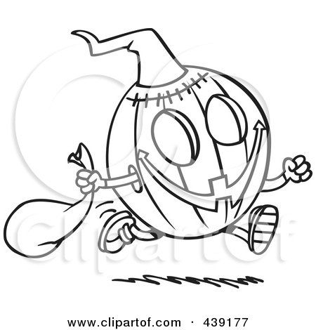 Royalty-Free (RF) Clip Art Illustration of a Cartoon Black And White Outline Design Of A Running Halloween Pumpkin by toonaday