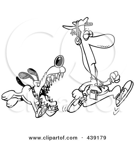 Royalty-Free (RF) Clip Art Illustration of a Cartoon Black And White Outline Design Of A Dog Chasing An Anaware Runner by toonaday
