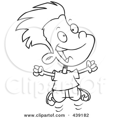 Royalty-Free (RF) Clip Art Illustration of a Cartoon Black And White Outline Design Of A Joyful Boy Jumping by toonaday