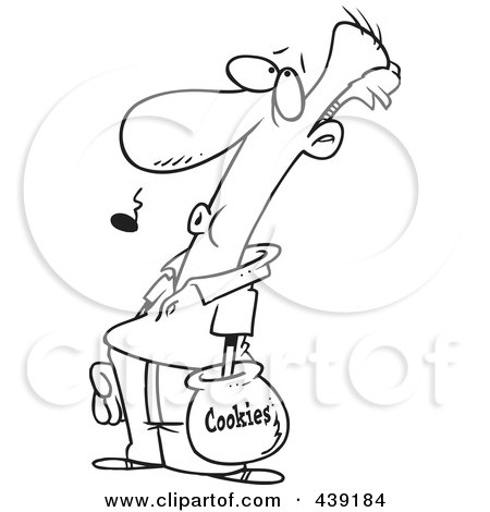 Royalty-Free (RF) Clip Art Illustration of a Cartoon Black And White Outline Design Of A Man Caught With His Hand In A Cookie Jar by toonaday
