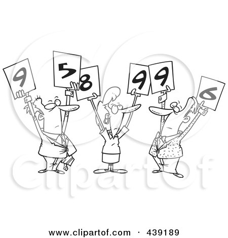 Royalty-Free (RF) Clip Art Illustration of a Cartoon Black And White Outline Design Of Judges Holding Up Numbers by toonaday
