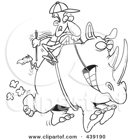 Royalty-Free (RF) Clip Art Illustration of a Cartoon Black And White Outline Design Of A Jockey Riding A Rhino by toonaday