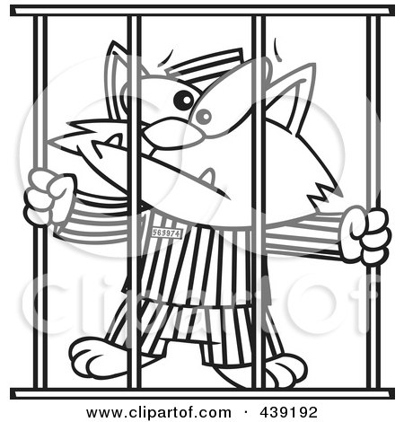 Royalty-Free (RF) Clip Art Illustration of a Cartoon Black And White Outline Design Of A Prisoner Cat by toonaday