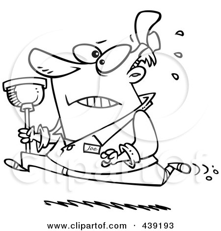 Royalty-Free (RF) Clip Art Illustration of a Cartoon Black And White Outline Design Of A Plumber Running With A Plunger by toonaday