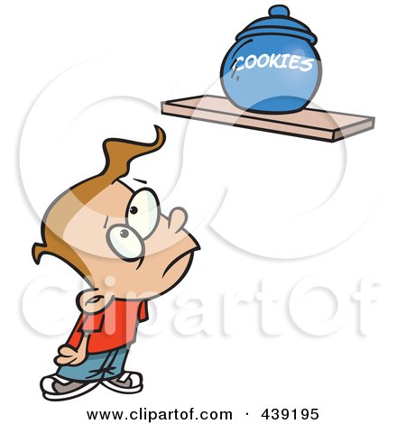 Royalty-Free (RF) Clip Art Illustration of a Cartoon Sad Kid Staring At A Cookie Jar On A Shelf by toonaday