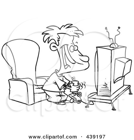 Royalty-Free (RF) Clip Art Illustration of a Cartoon Black And White Outline Design Of A Boy Playing A Video Game With A Joystick by toonaday