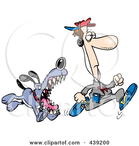 Royalty-Free (RF) Clip Art Illustration of a Cartoon Dog Chasing An Anaware Runner by toonaday